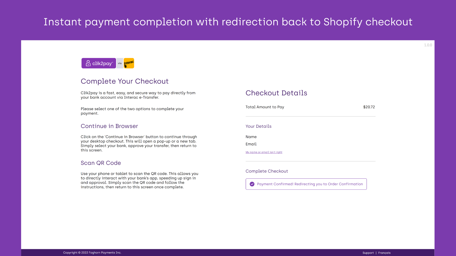 Instant payment completion with redirection back to Shopify