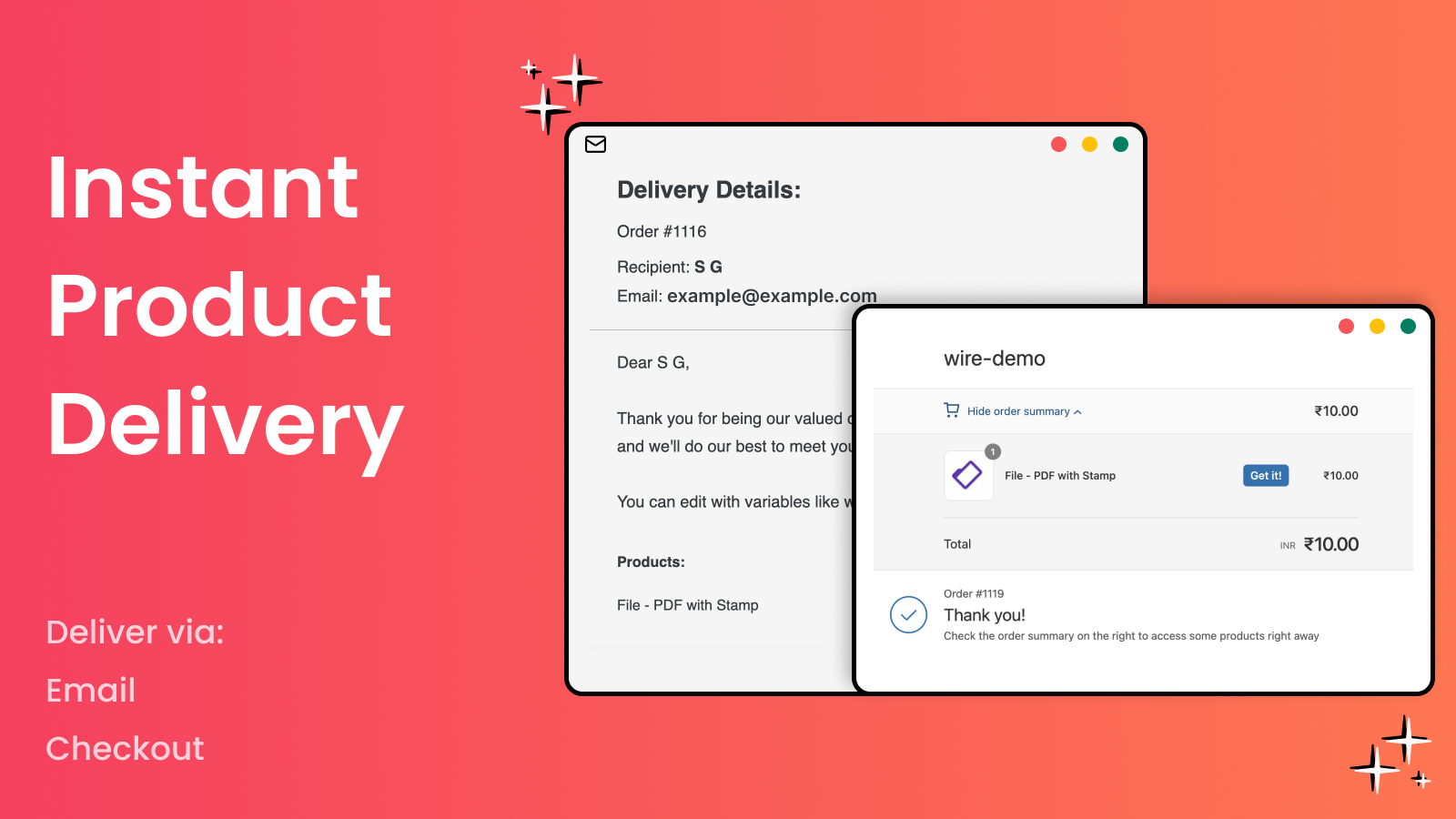 Instant product delivery via Email and Thank You page