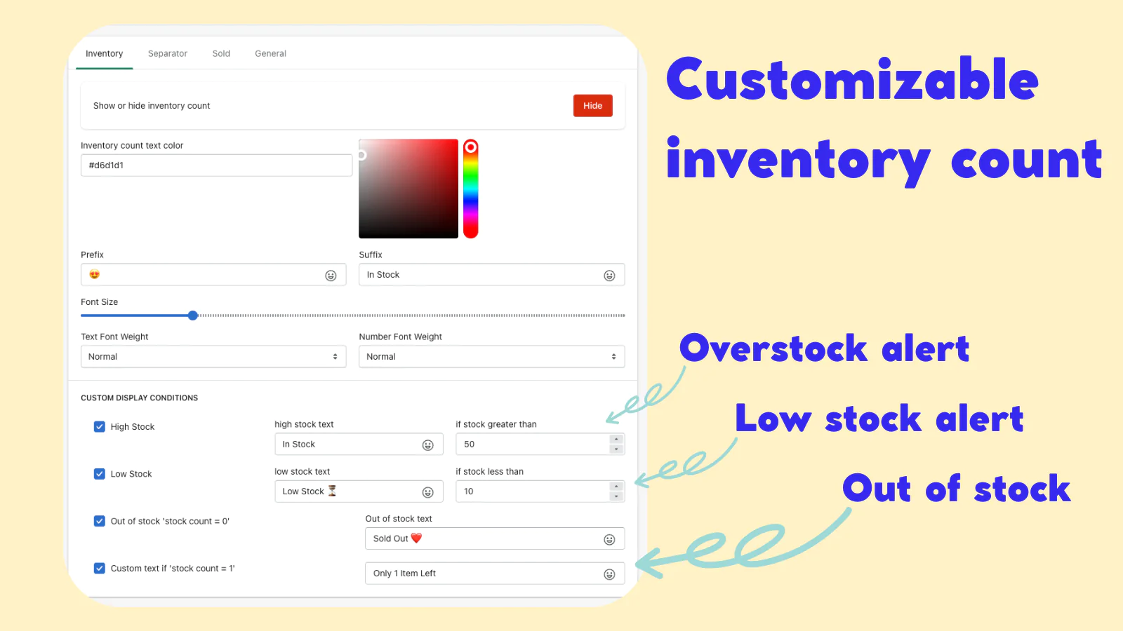 inventory counter, stock countdown, low stock & out of stock