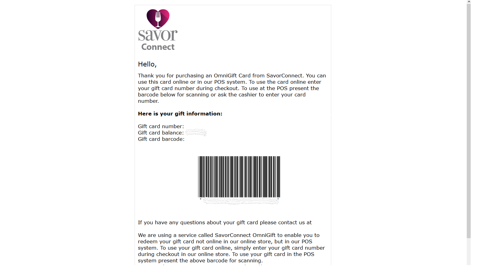 Issued OmniGift card email
