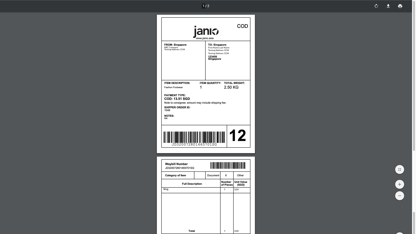 Janio Label Print Page