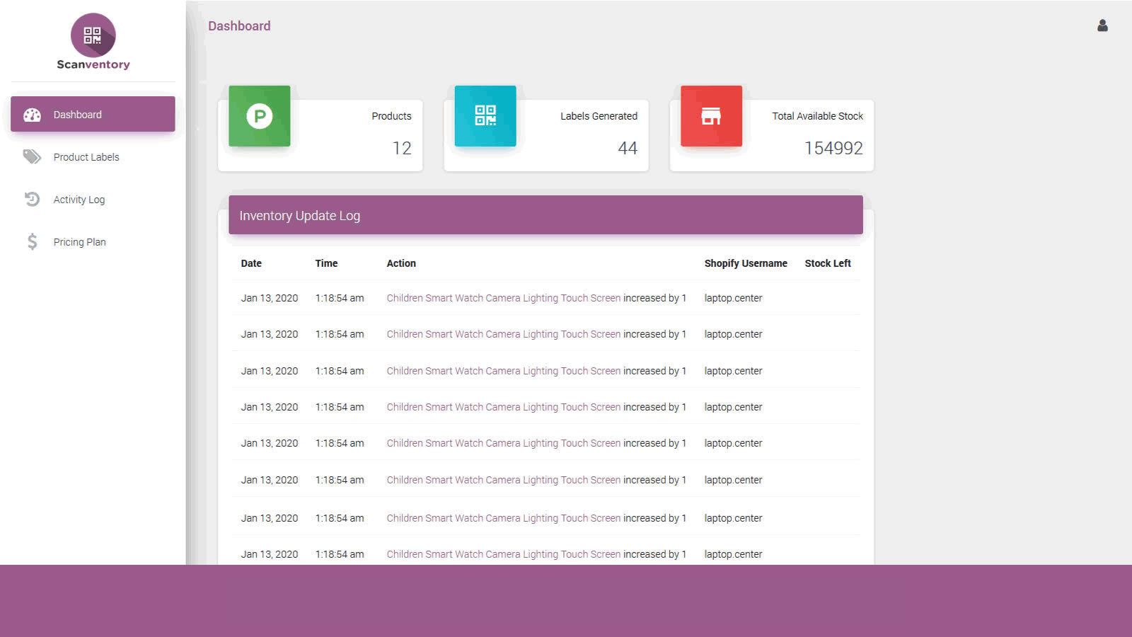 Keep track of inventory changes through the admin dashboard
