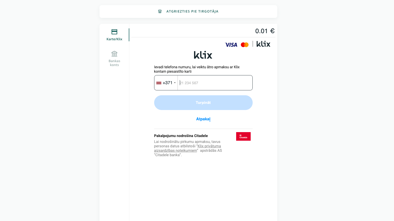 Klix widget - fast checkout usint phone number