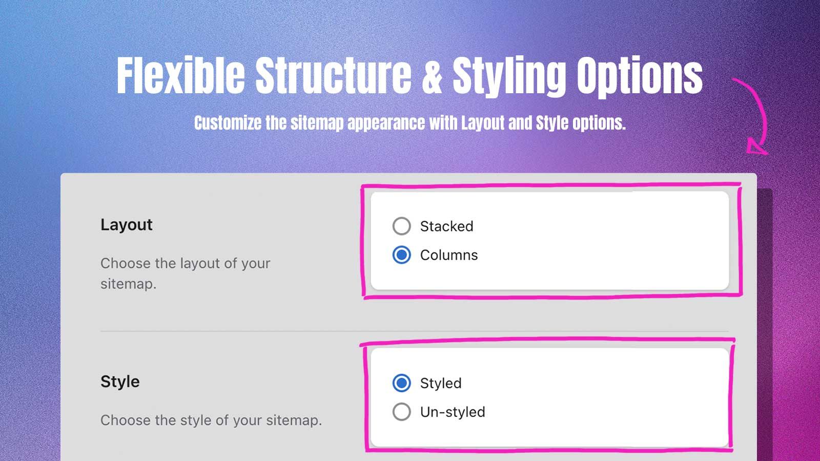 layout and style selector radio buttons interface