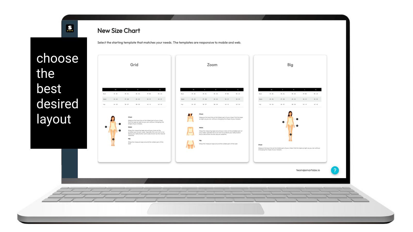 Layouts and templates for size charts
