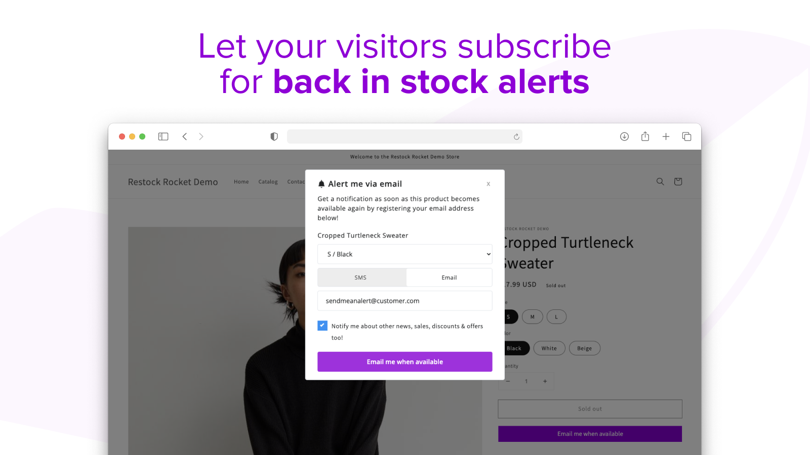 Let your visitors subscribe for back in stock alerts