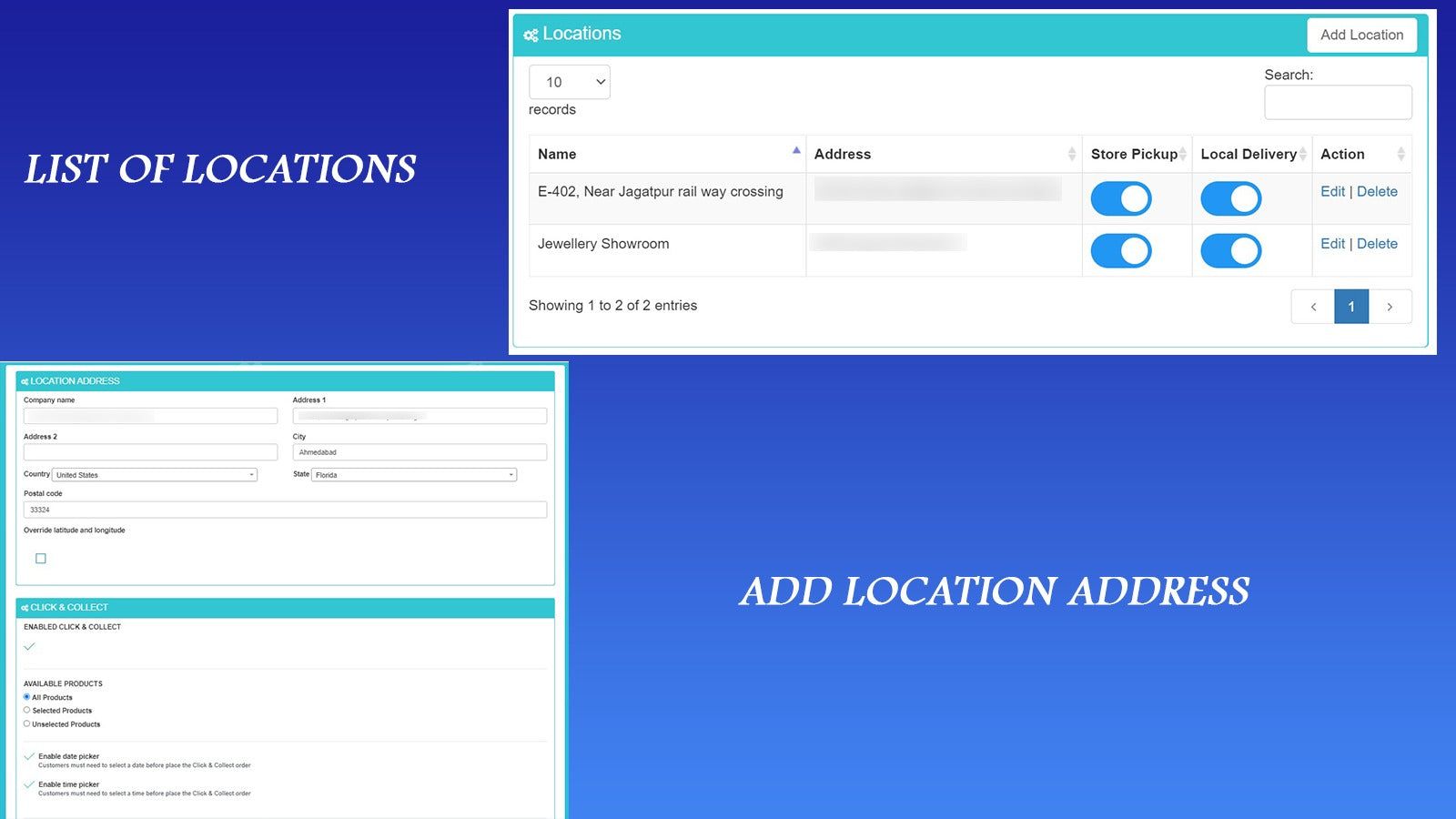 List of Locations Add locations address and other configuration
