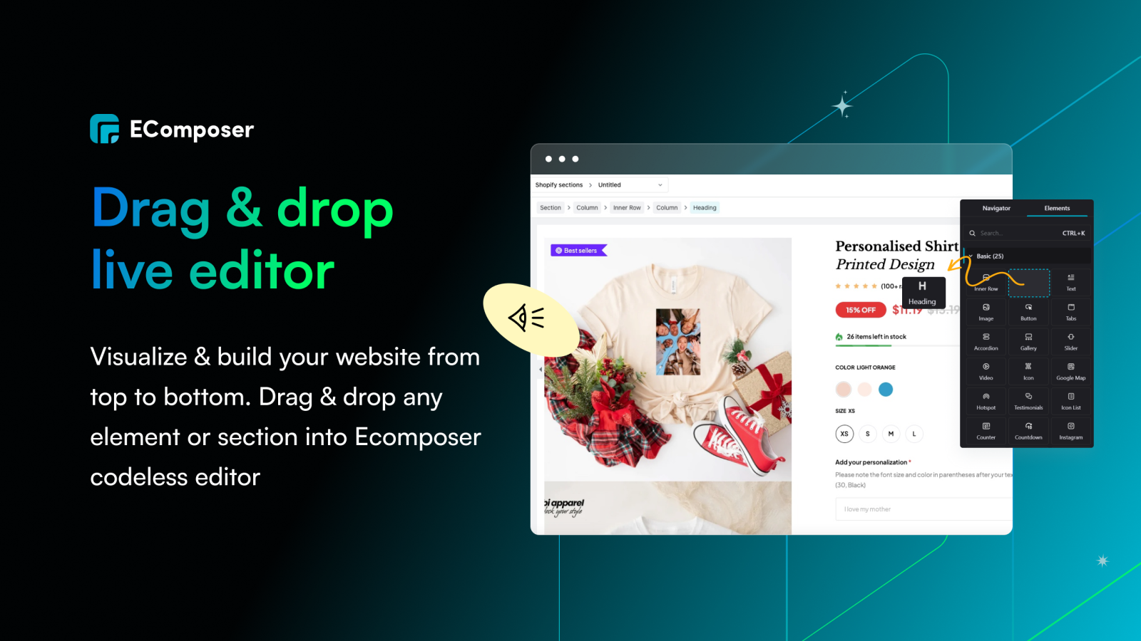 Live drag & drop editor, no code required