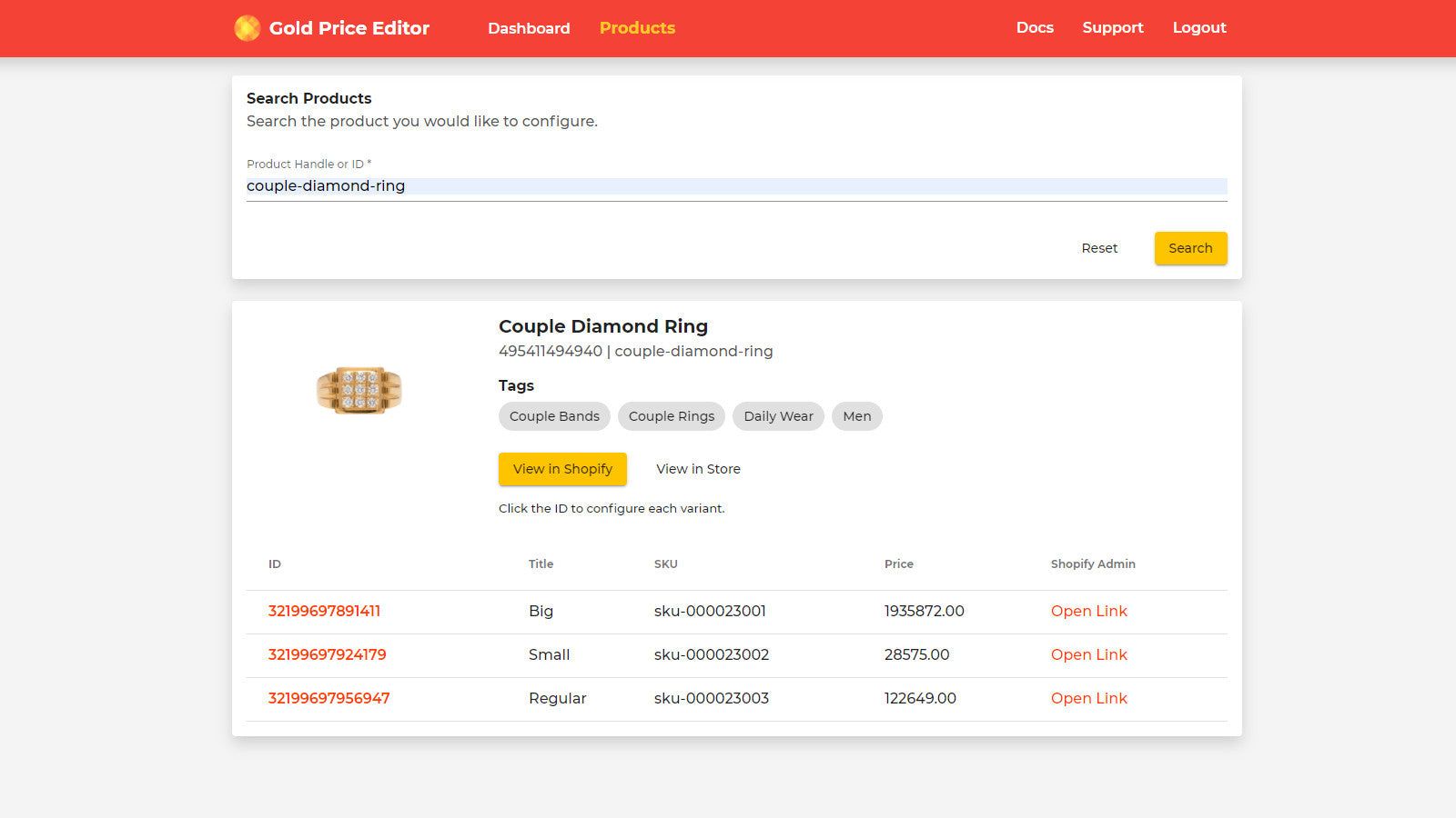 Live Gold Price Editor | Product Search