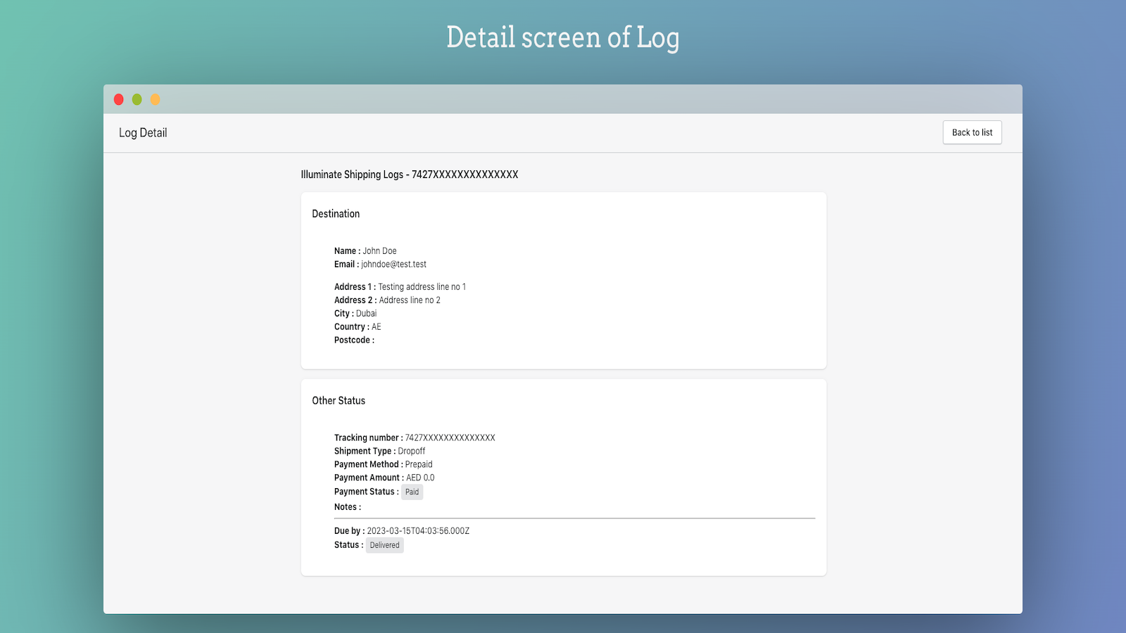 Log details screen