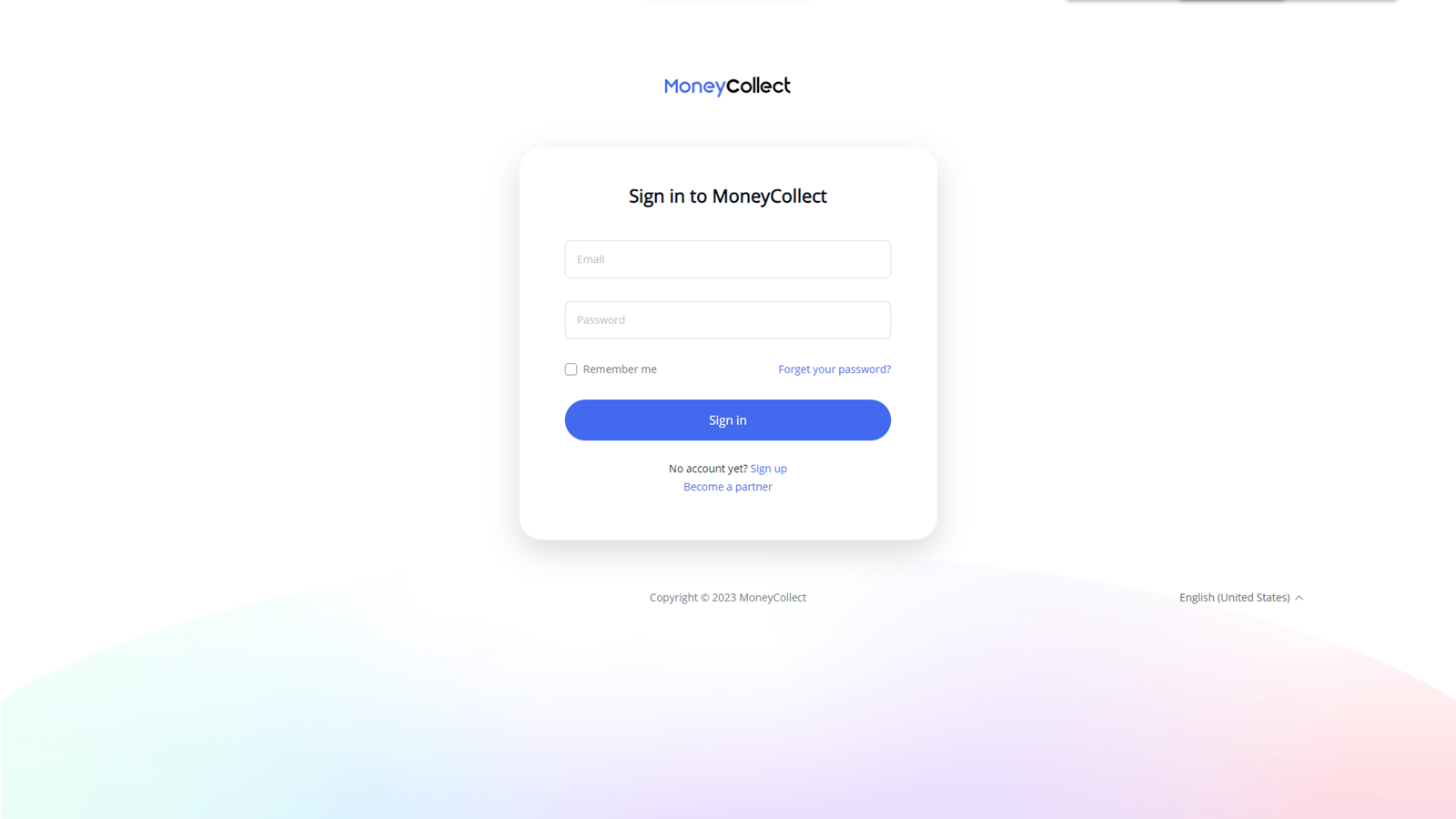 Log in to MoneyCollect Dashboard for authorization.