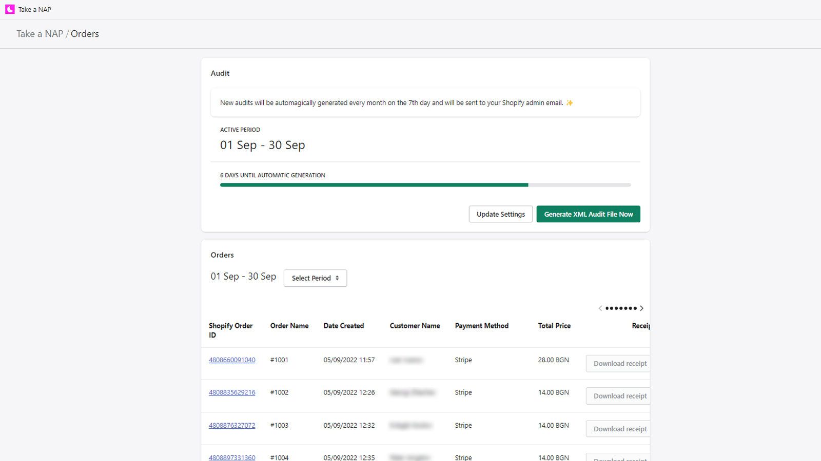 Main Dashboard View - Orders, Audit File Generation and History