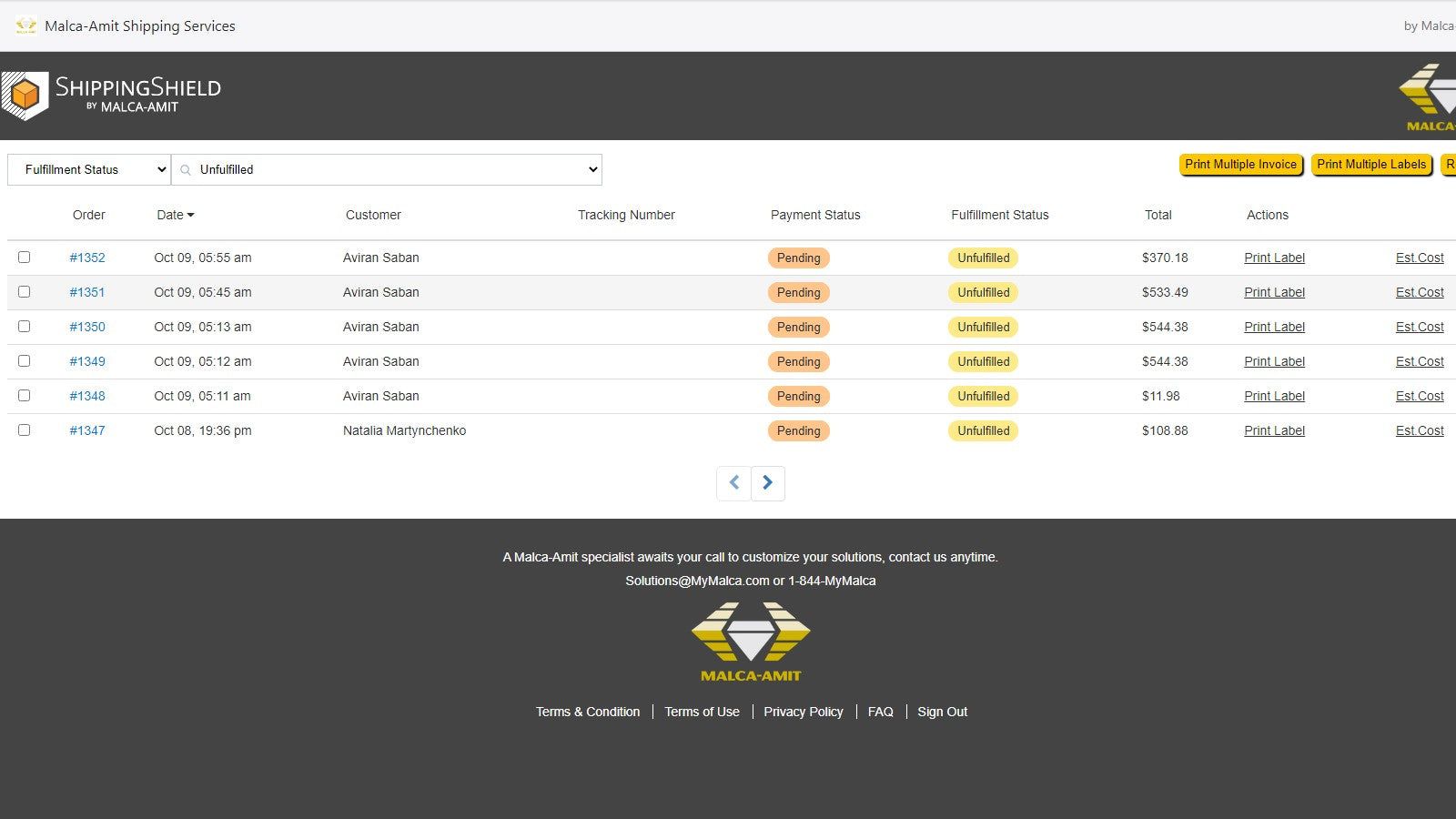 Malca-Amit Shipping Services Order Dashboard