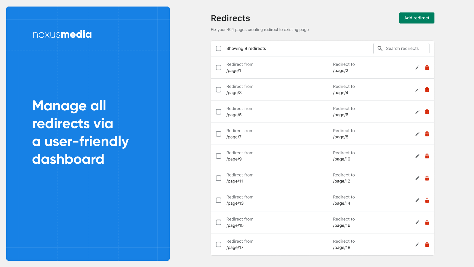 Manage 301 redirects via a user-friendly dashboard