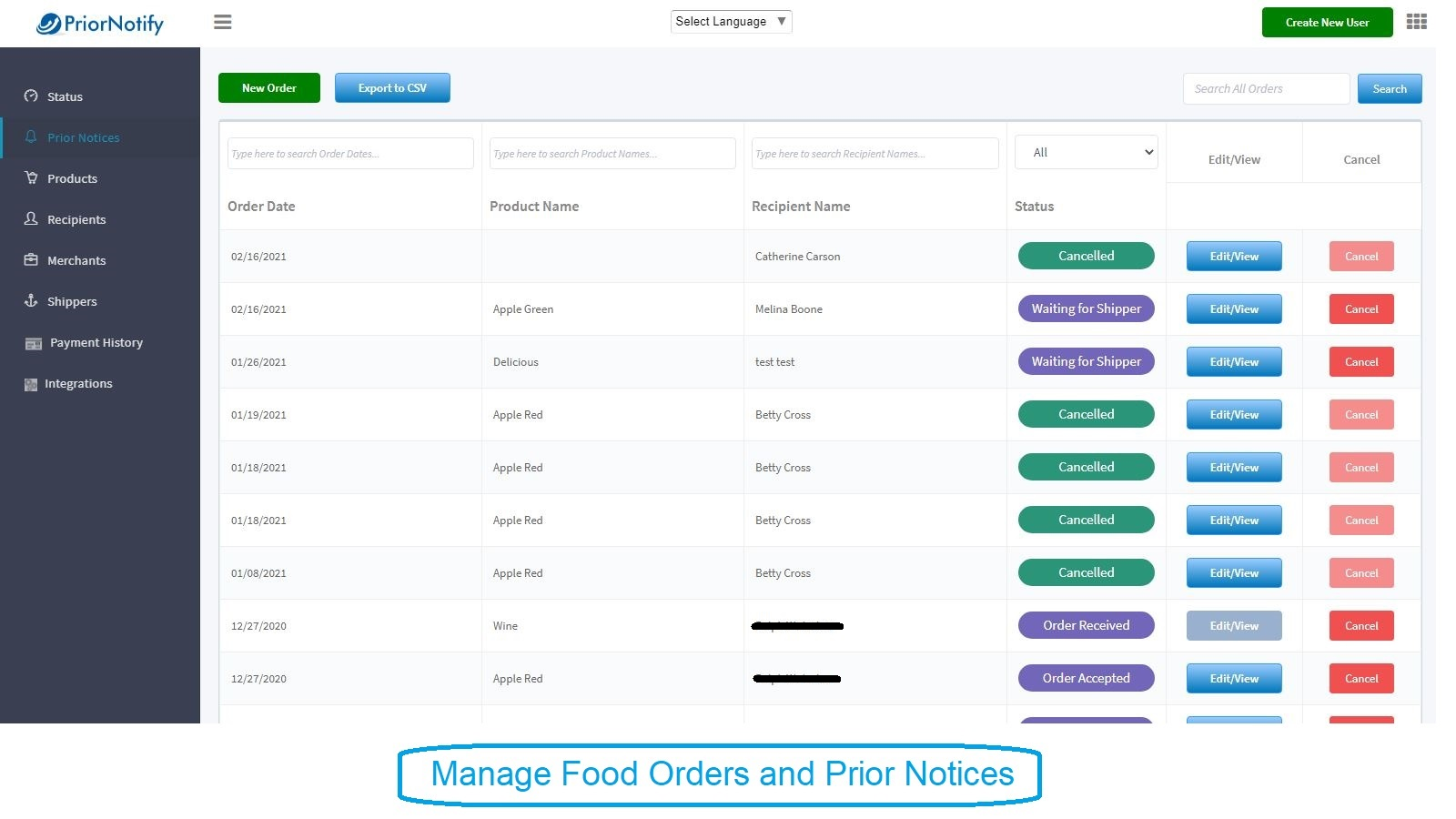 Manage and organize your orders and related Prior Notices