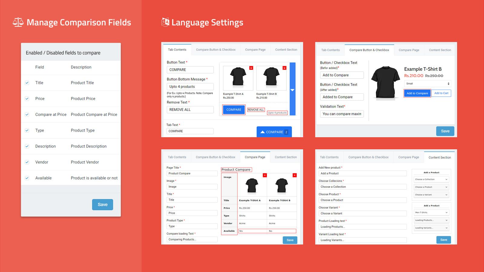 manage comparison fields & language settings for compare app