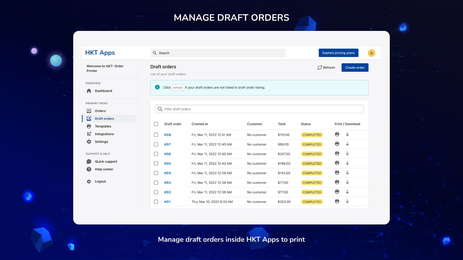 Manage draft orders in HKT Apps to print