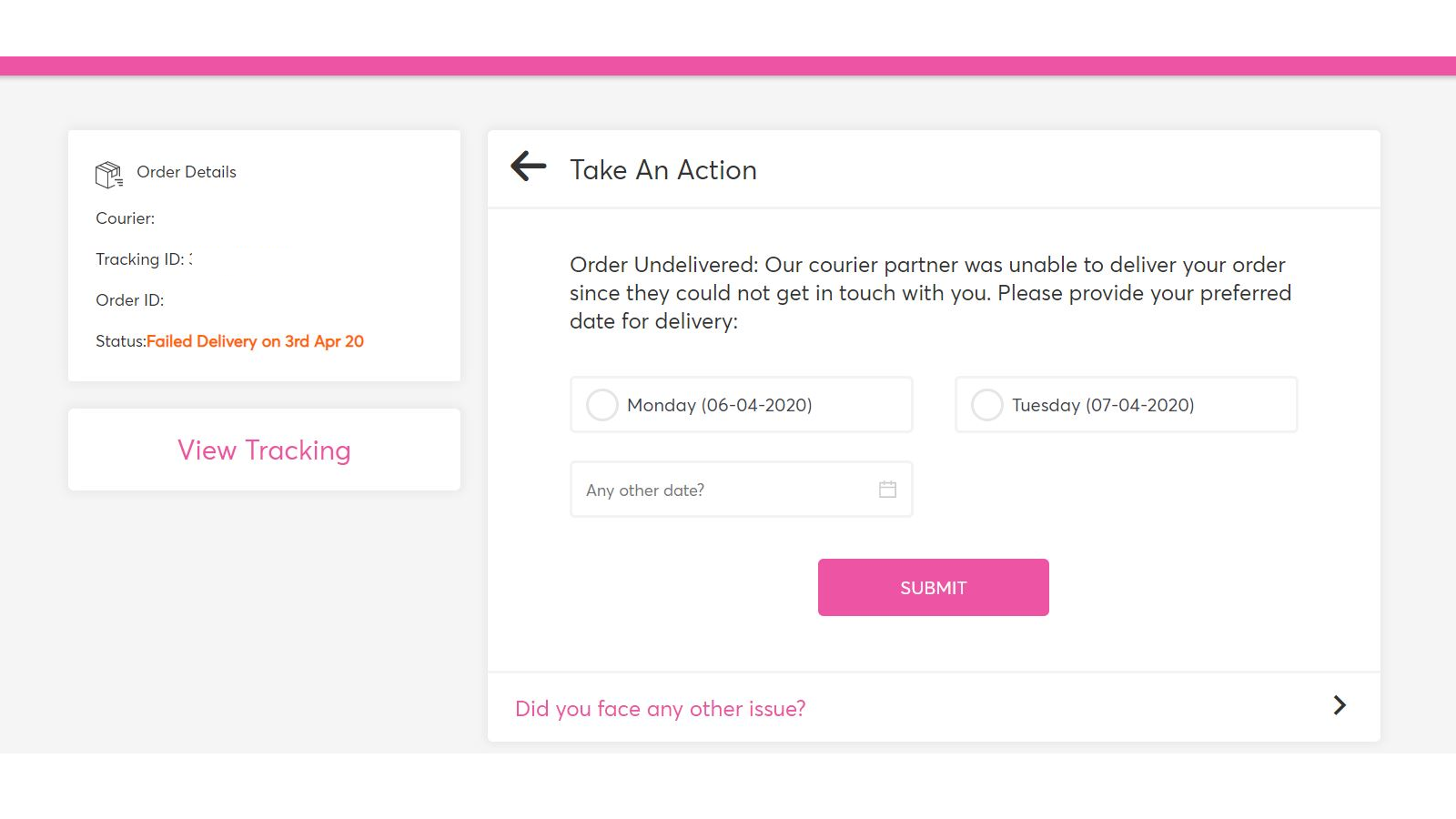Manage failed deliveries by taking customer inputs