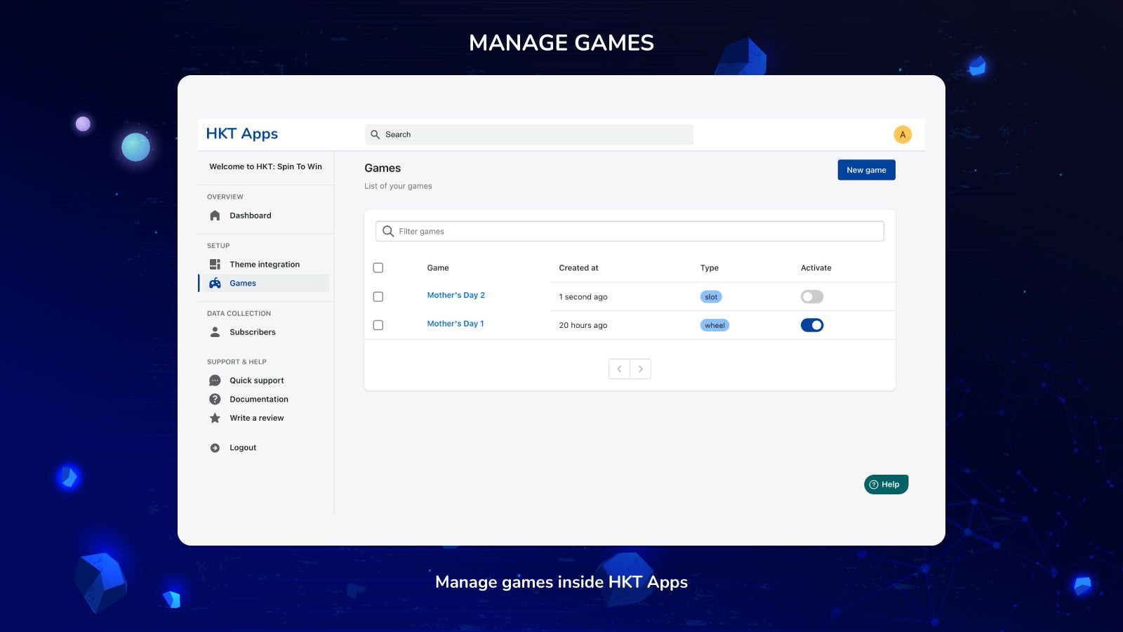 Manage games inside HKT Apps