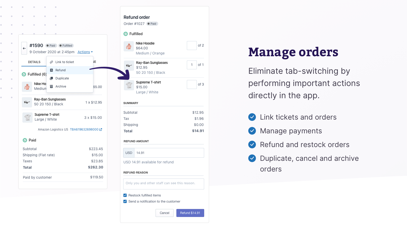 Manage orders within Zendesk