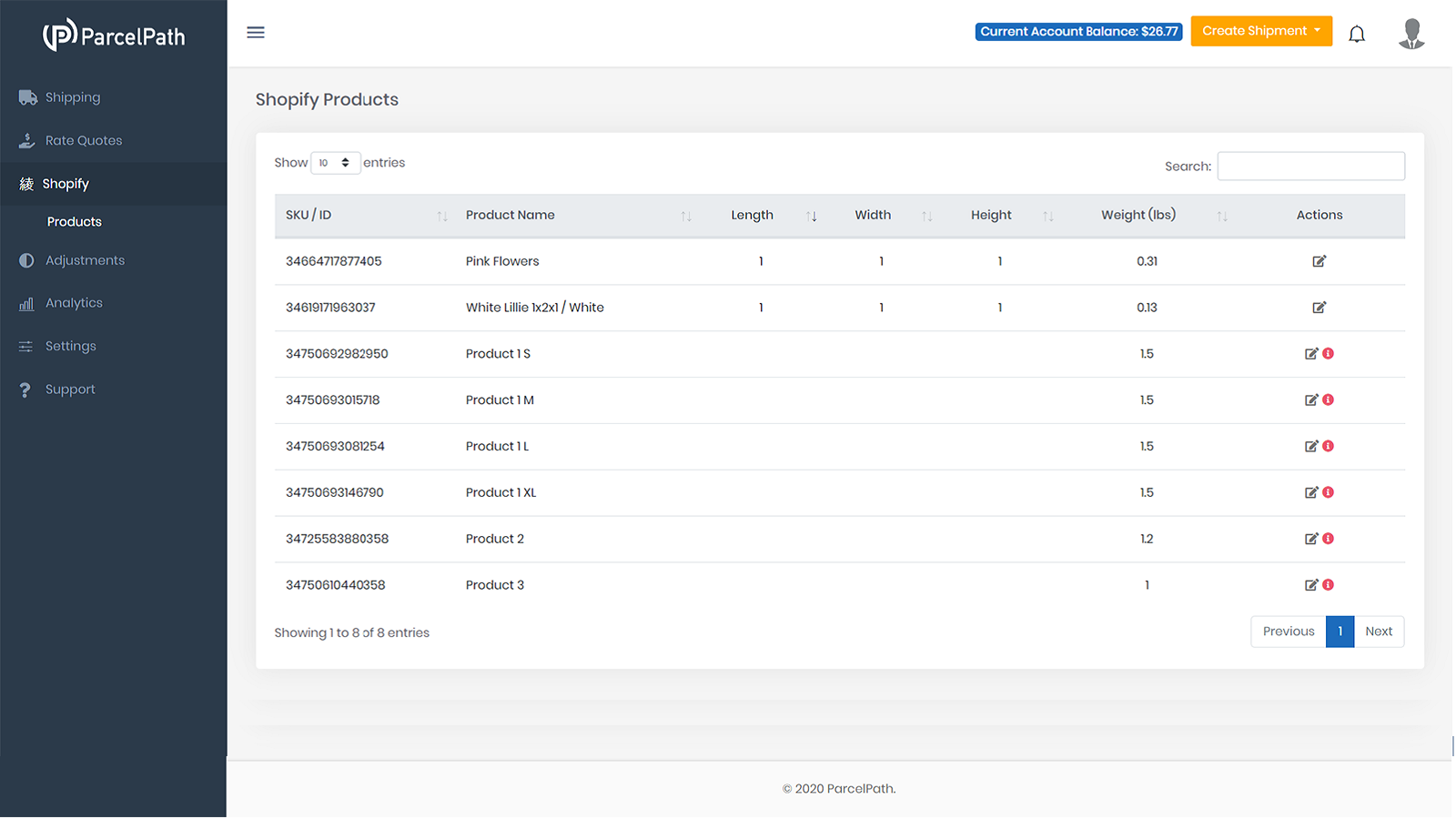 Manage Product dimensions for shipping