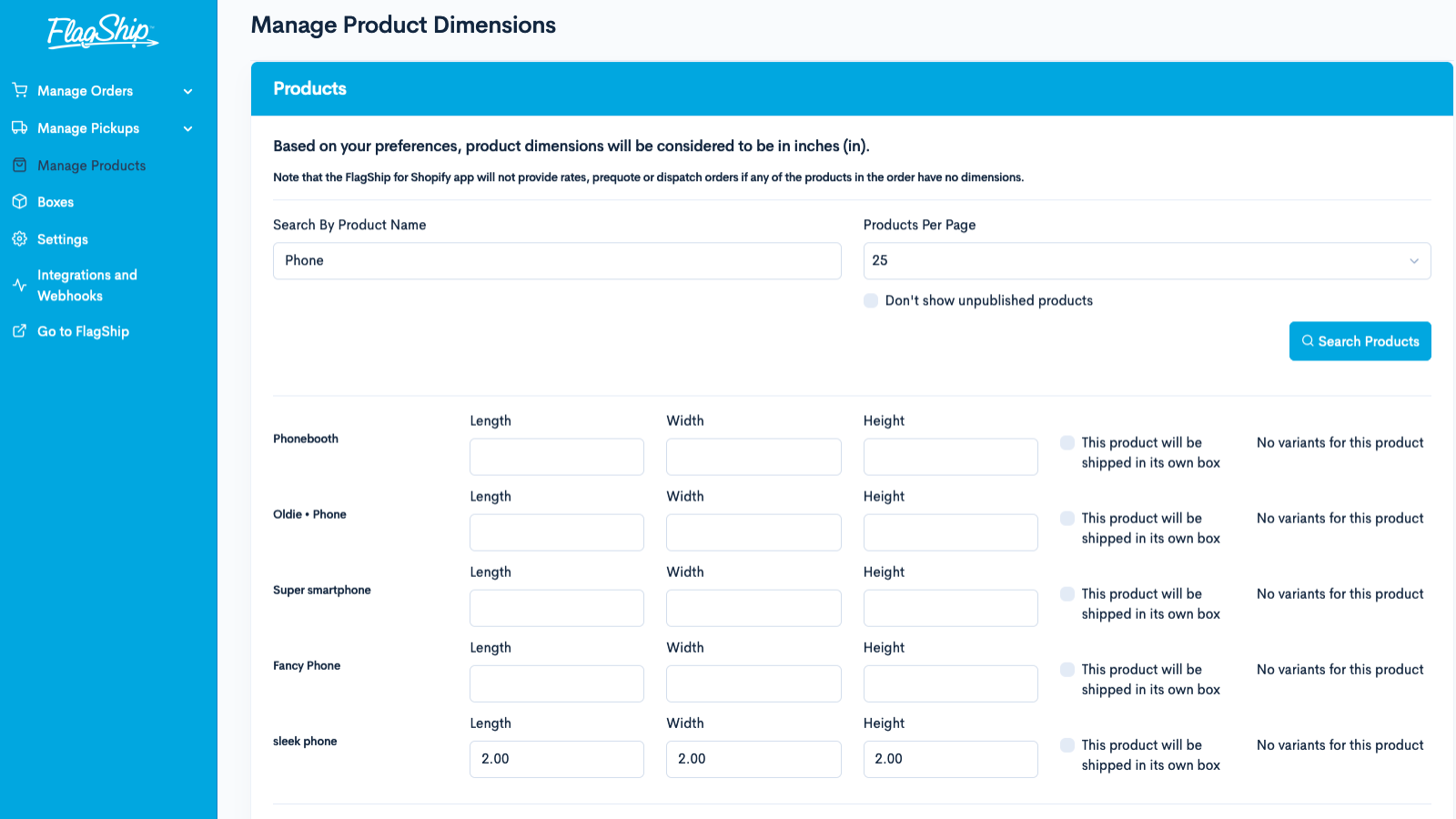 Manage product dimensions to ensure accurate shipping rates.