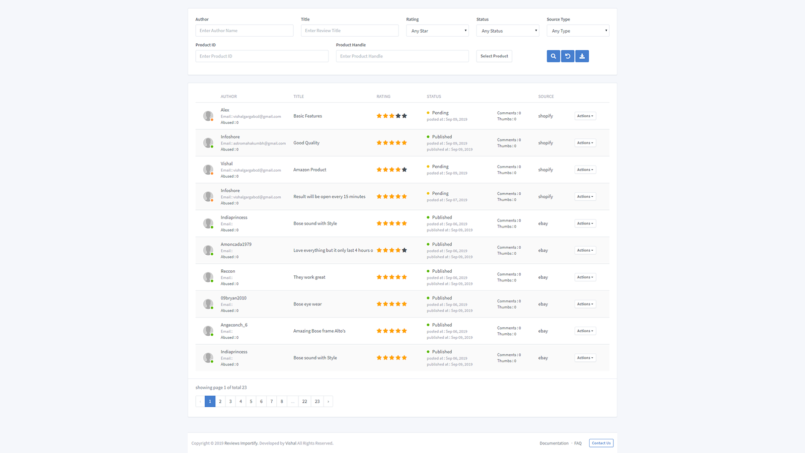 Manage Reviews Section
