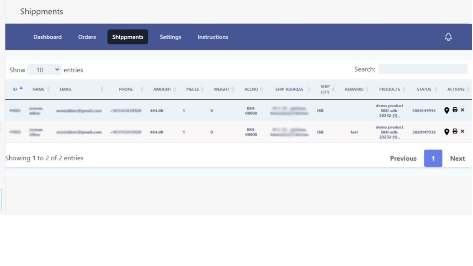 Manage Shipments from a single view within the platform. 