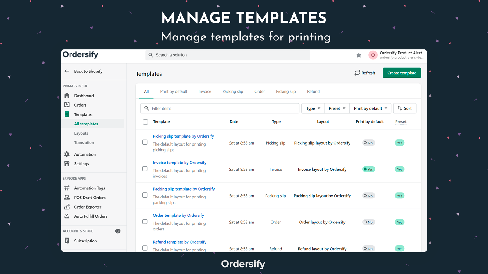 Manage templates for printing