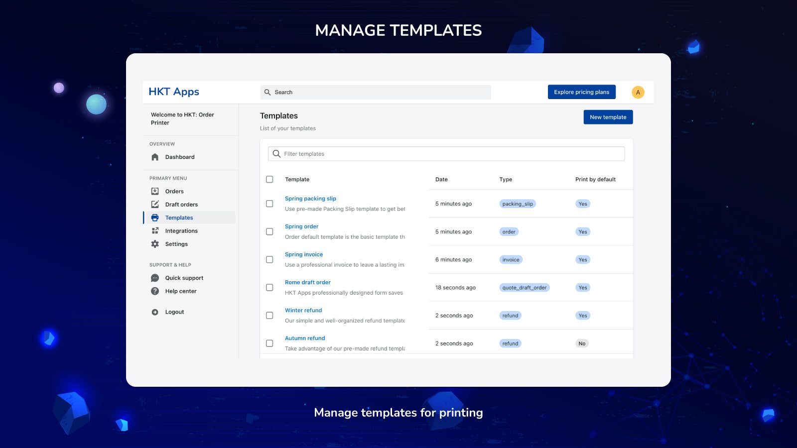 Manage templates for printing
