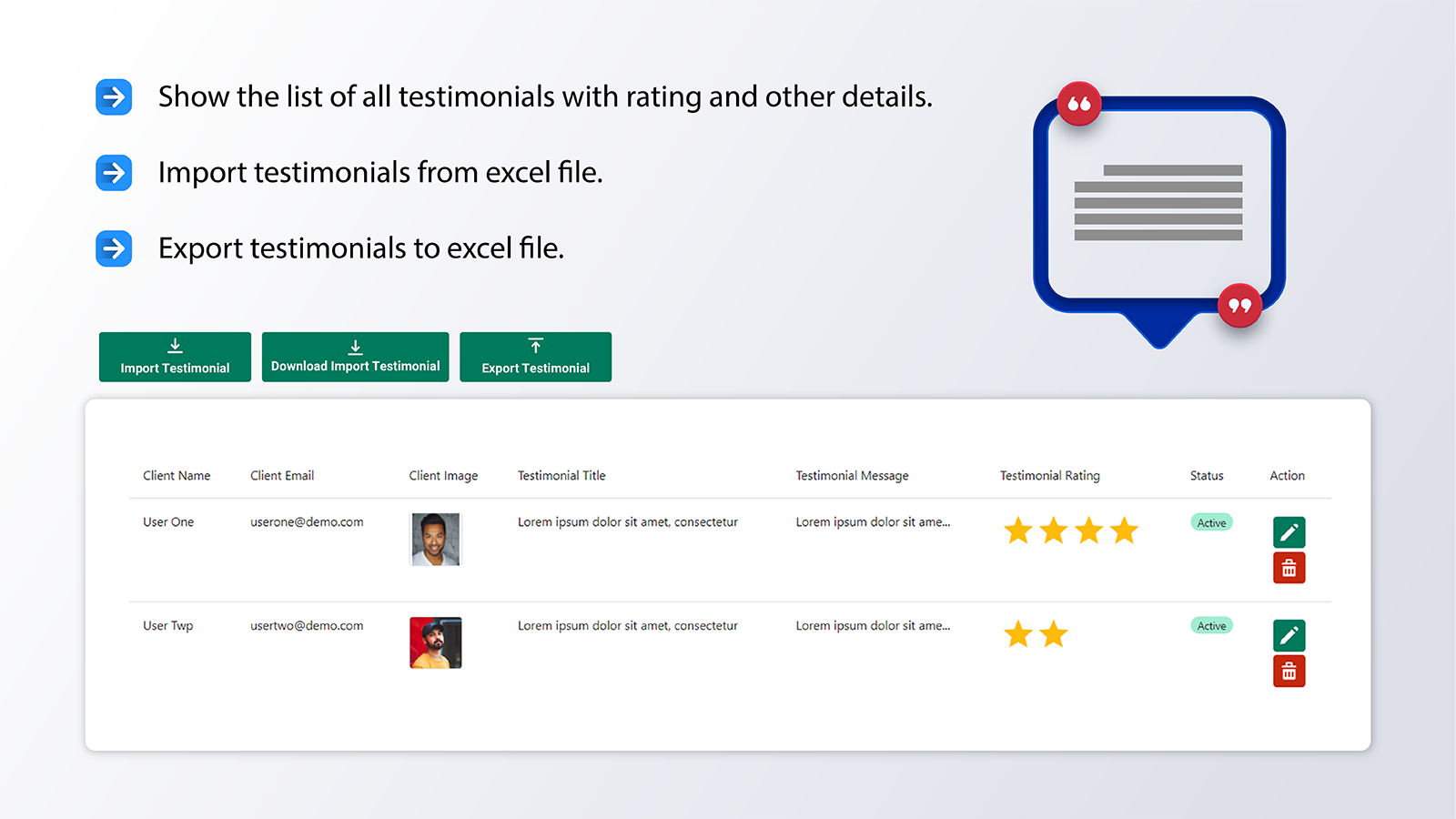 Manage testimonials with star rating and import and export