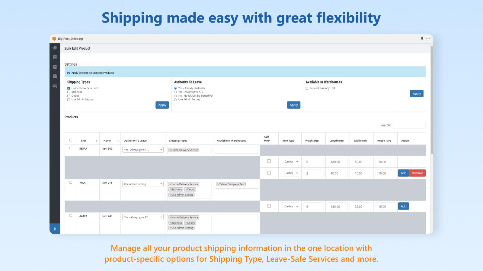 Managing product-specific settings and dimensions.