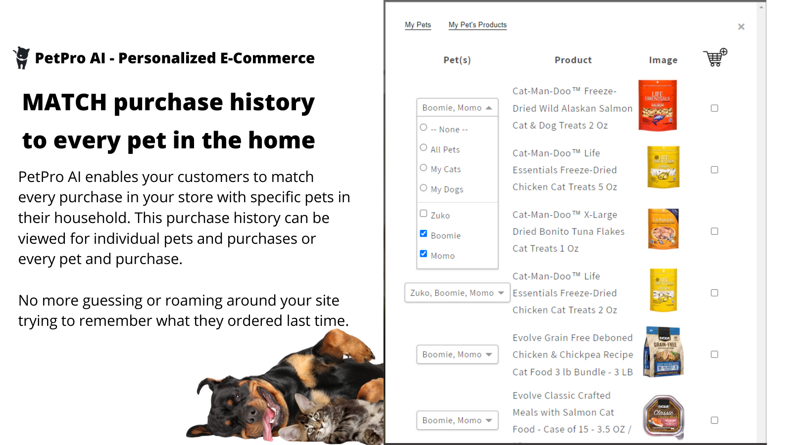 Match purchase history to every pet in a customer's home