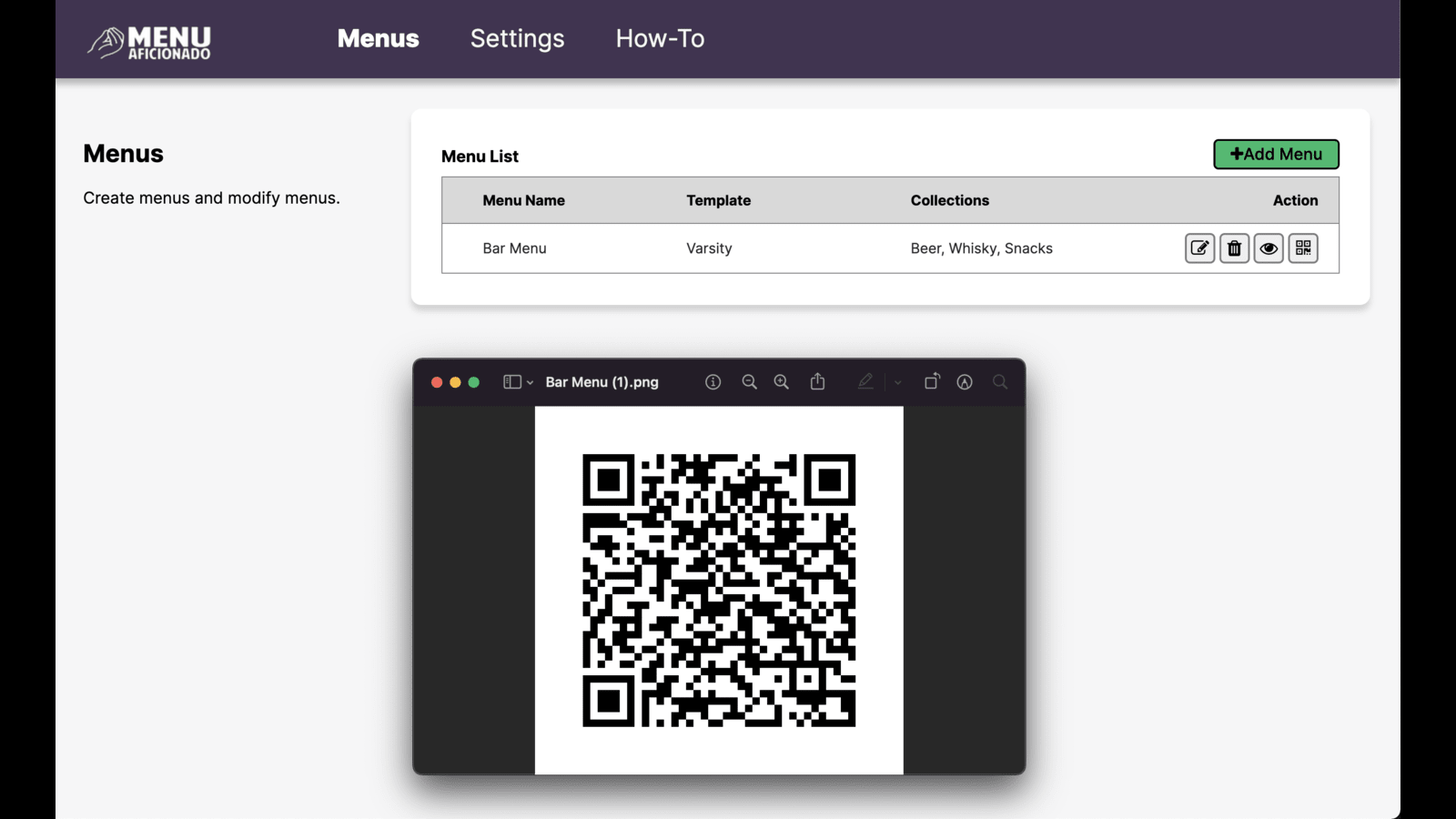 Menu App showing Export to QR, Edit, Delete, View