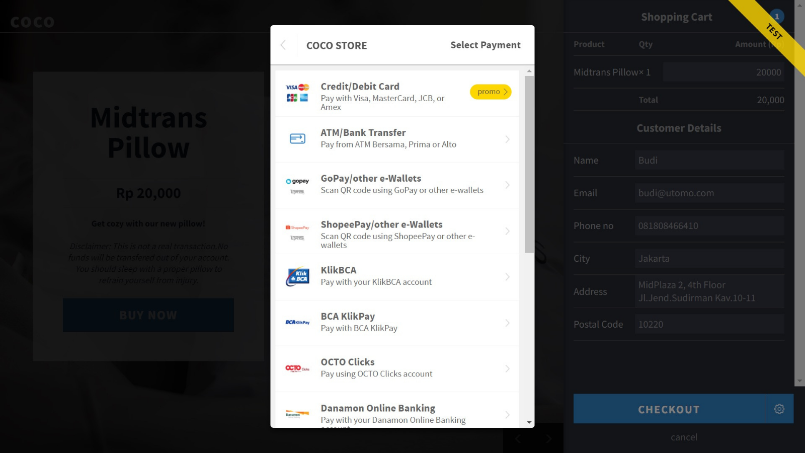 Midtrans demo checkout page to test the payment.