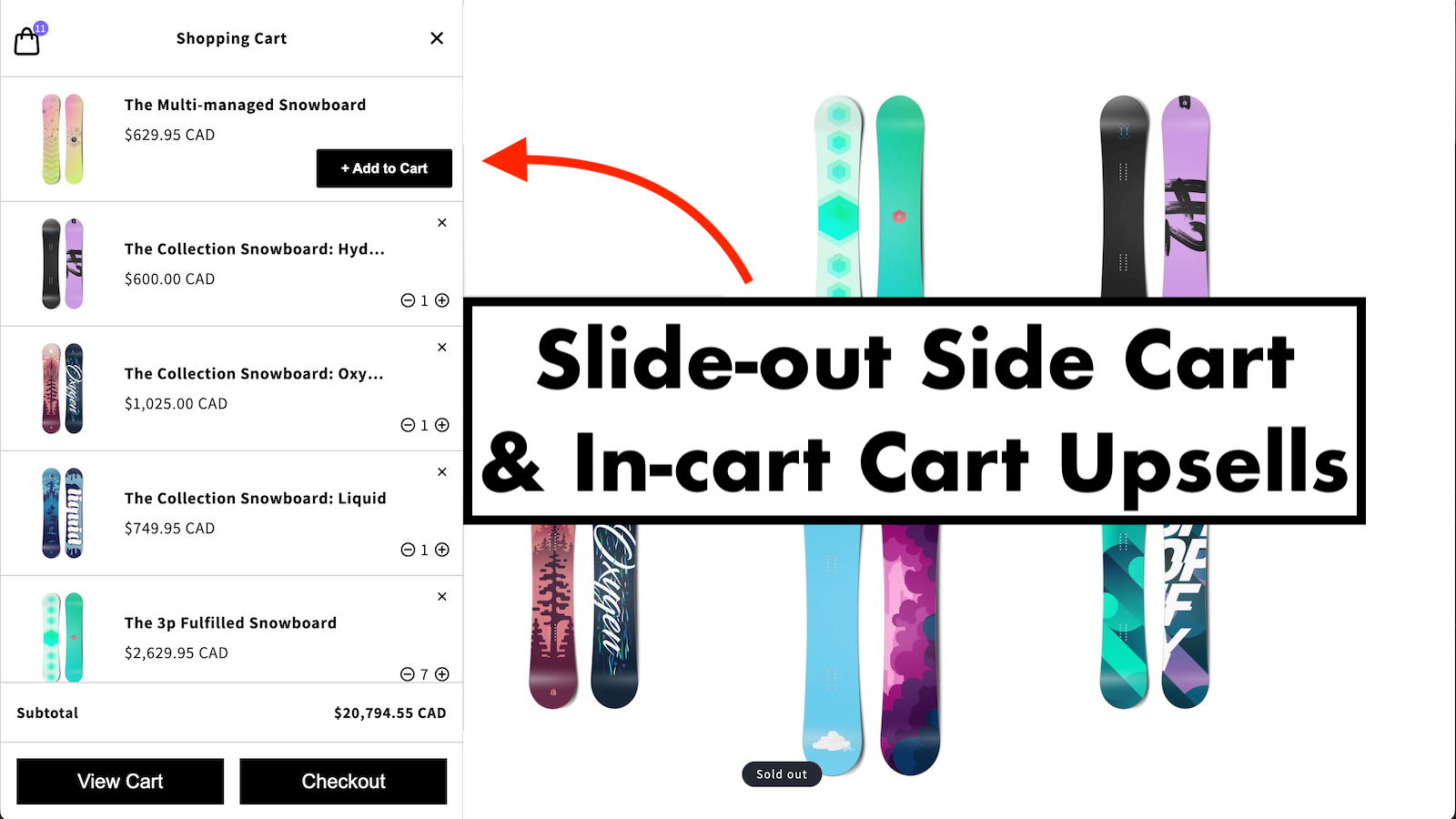 Mini side cart pull out without changing pages and upsell