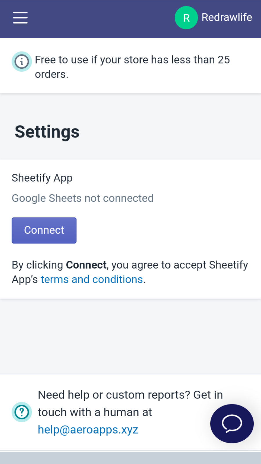 Mobile Sheetify Login Page :  Order Reports