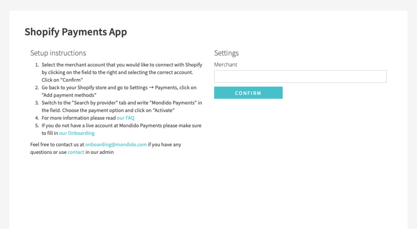 Mondido Admin Shopify Payments App Page