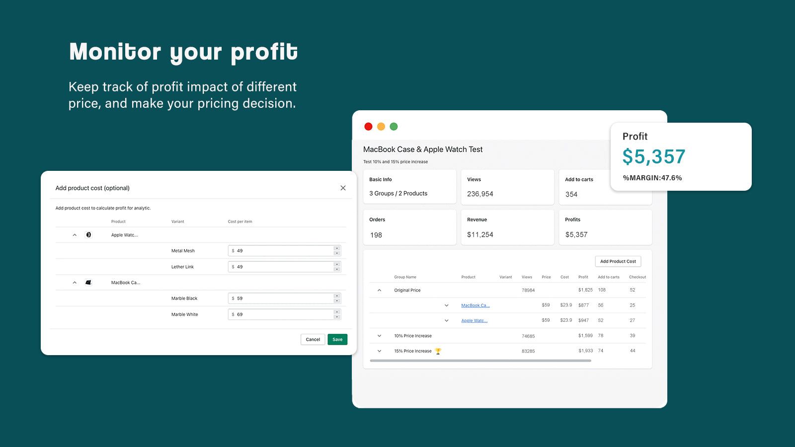 Monitor your a/b product price tests in real-time.