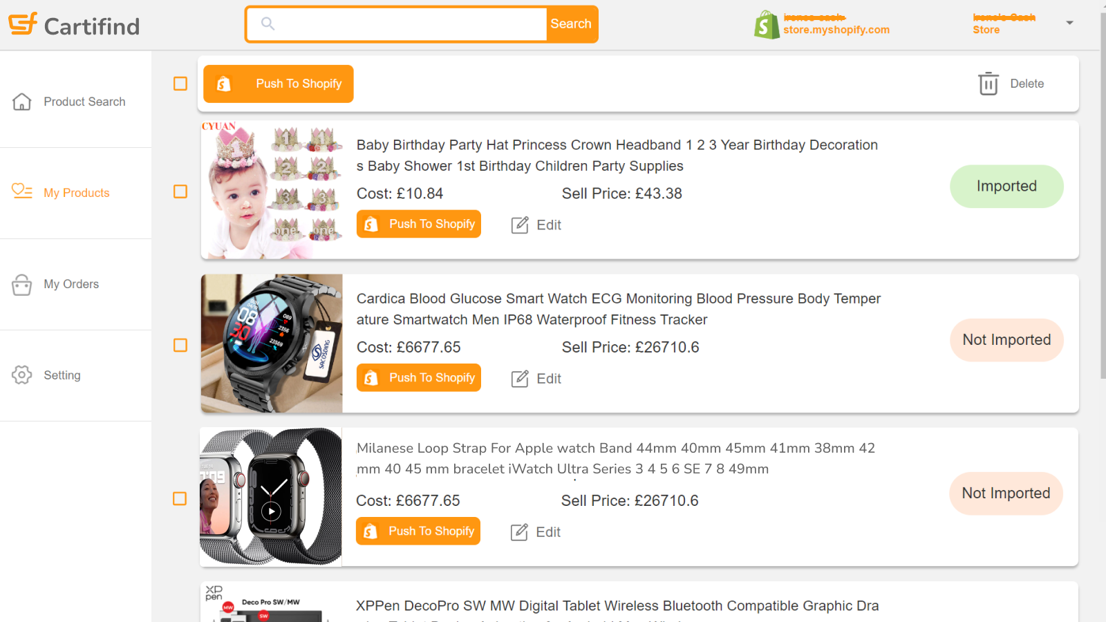 My Products -Cartifind saved products lists