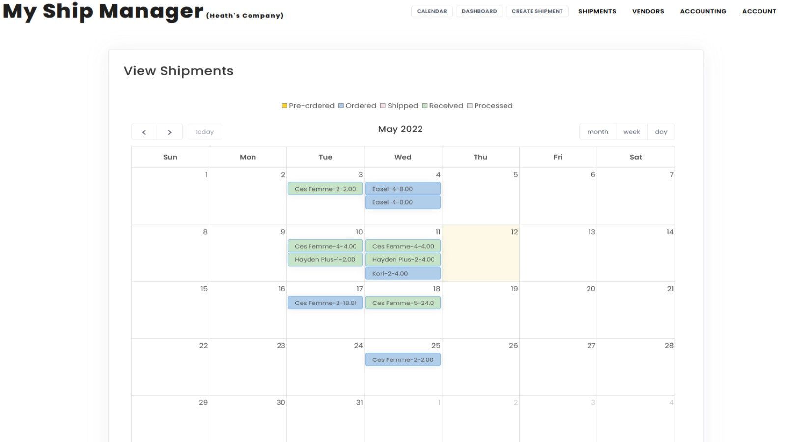MyShipManager Calendar