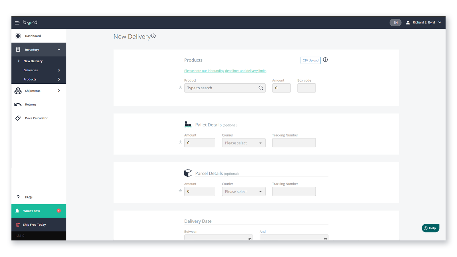New delivery tab – create a new delivery and manage shipments