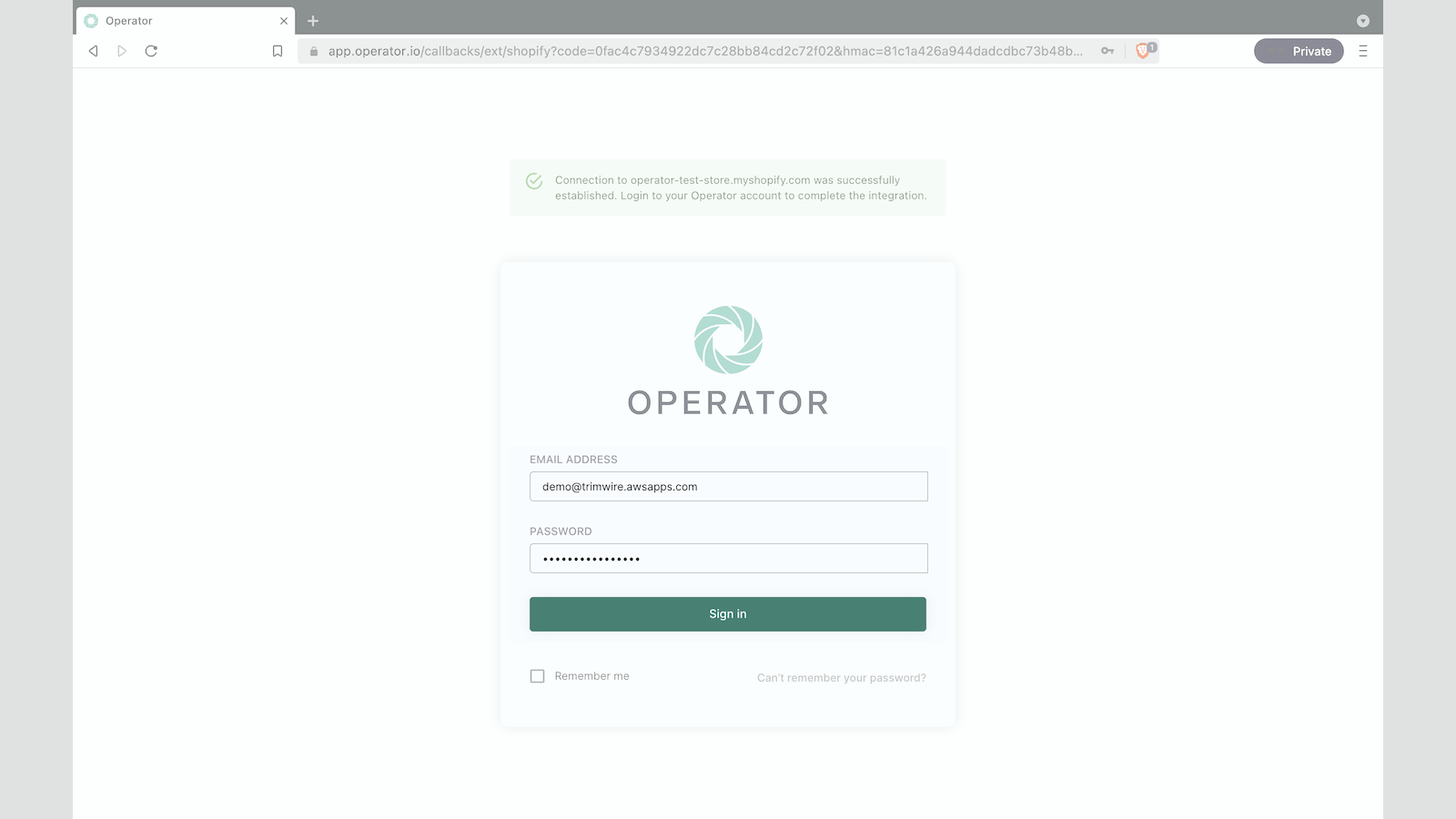 Next, log into your Operator account to connect your store. 