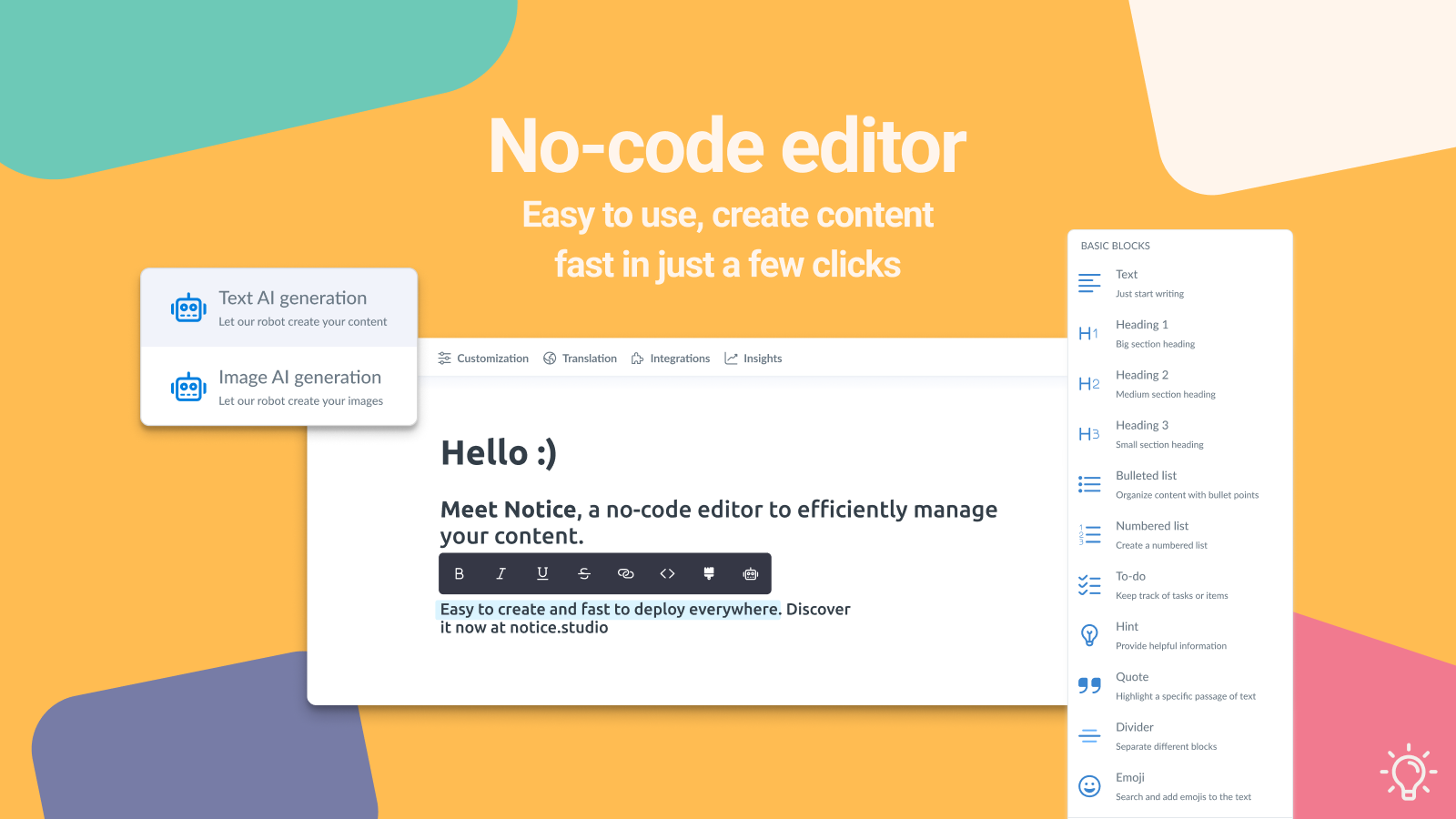 No-code editor to create, translate and deliver content fast