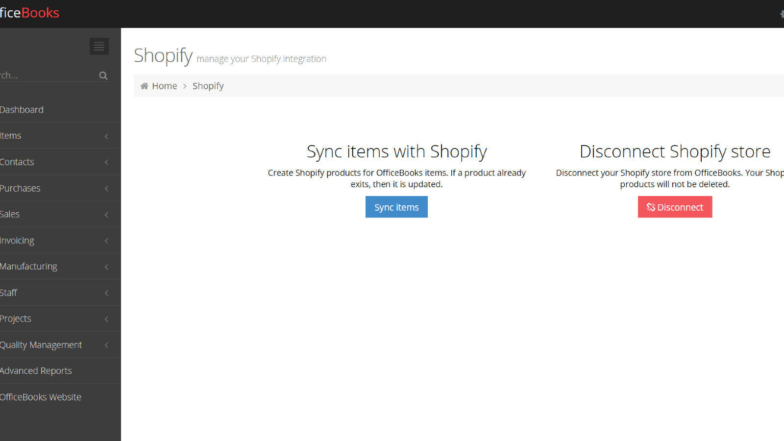 OfficeBooks Shopify sync page