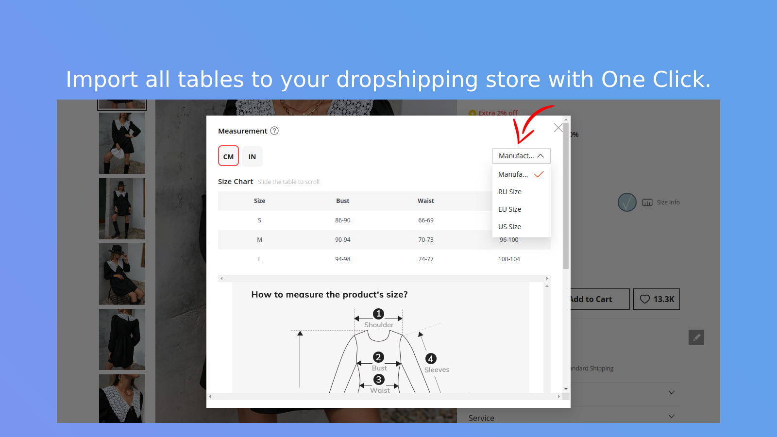 One Click Size Chart Aliexpress Dropshipping import.