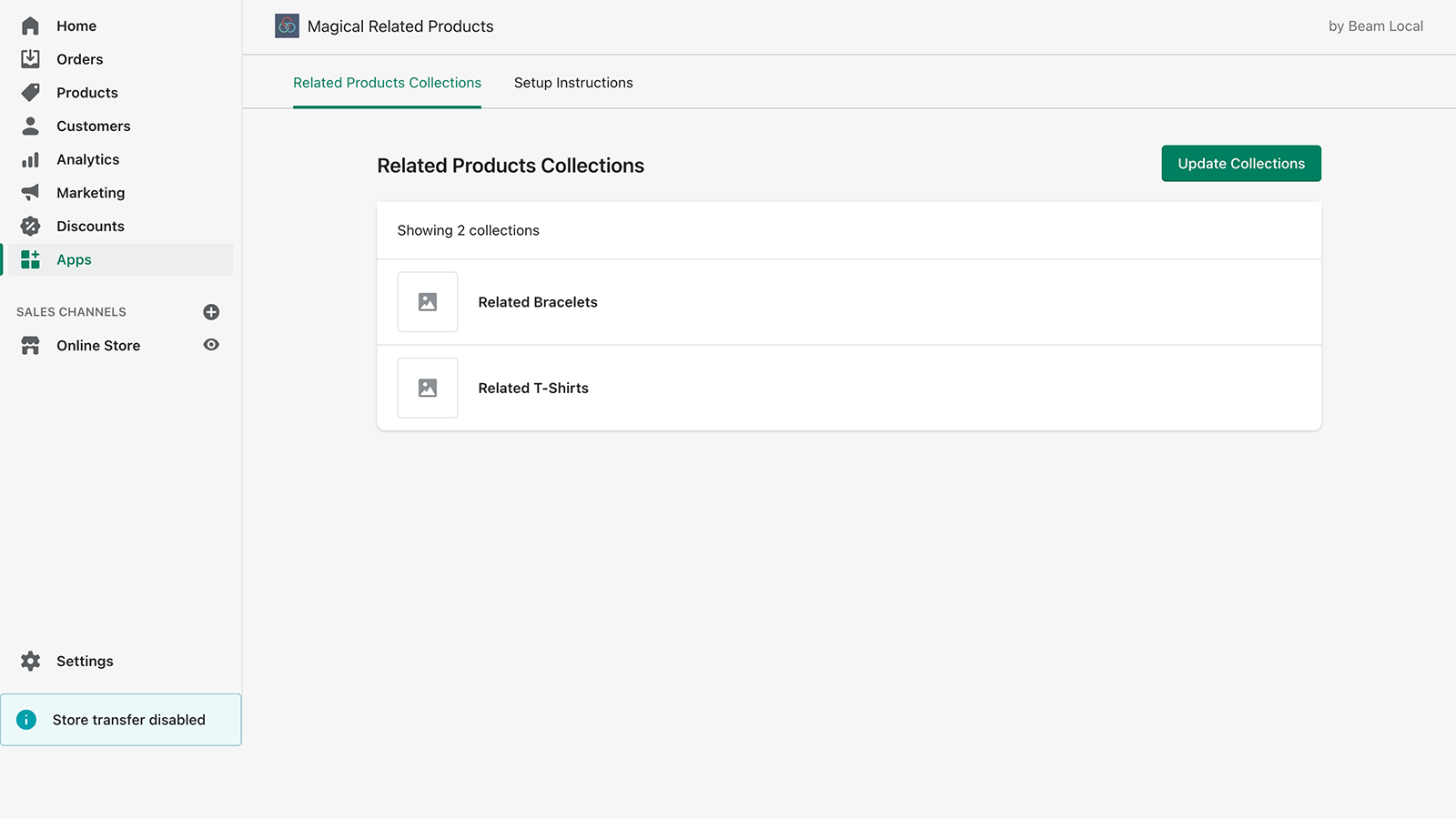 online store admin interface with a list of selected collections