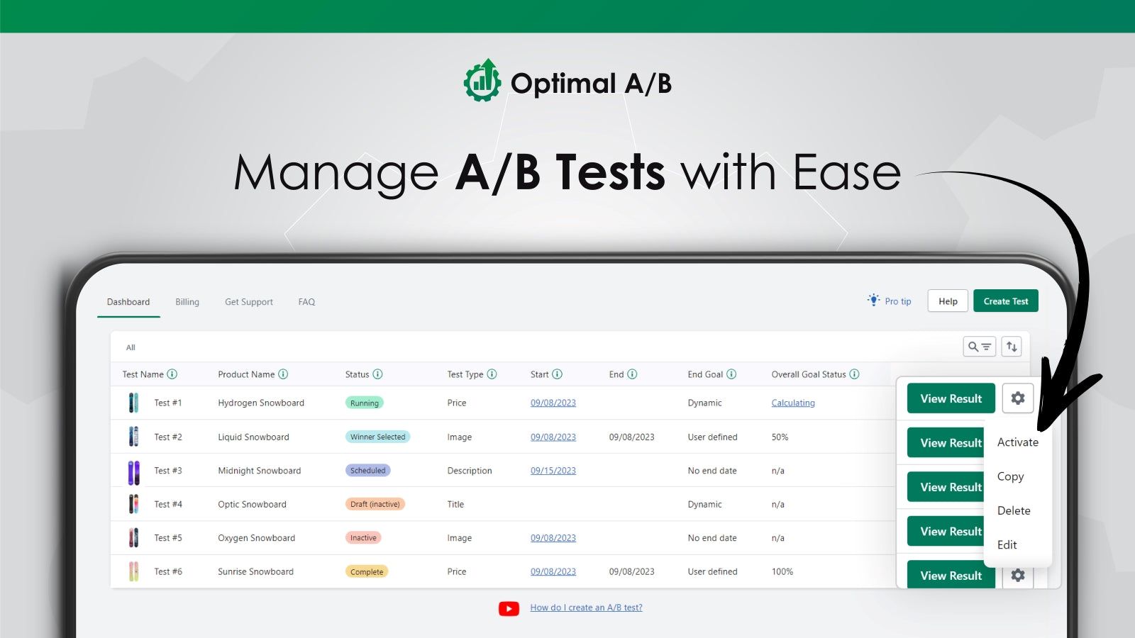 Optimal A/B allows you to manage A/B tests with ease