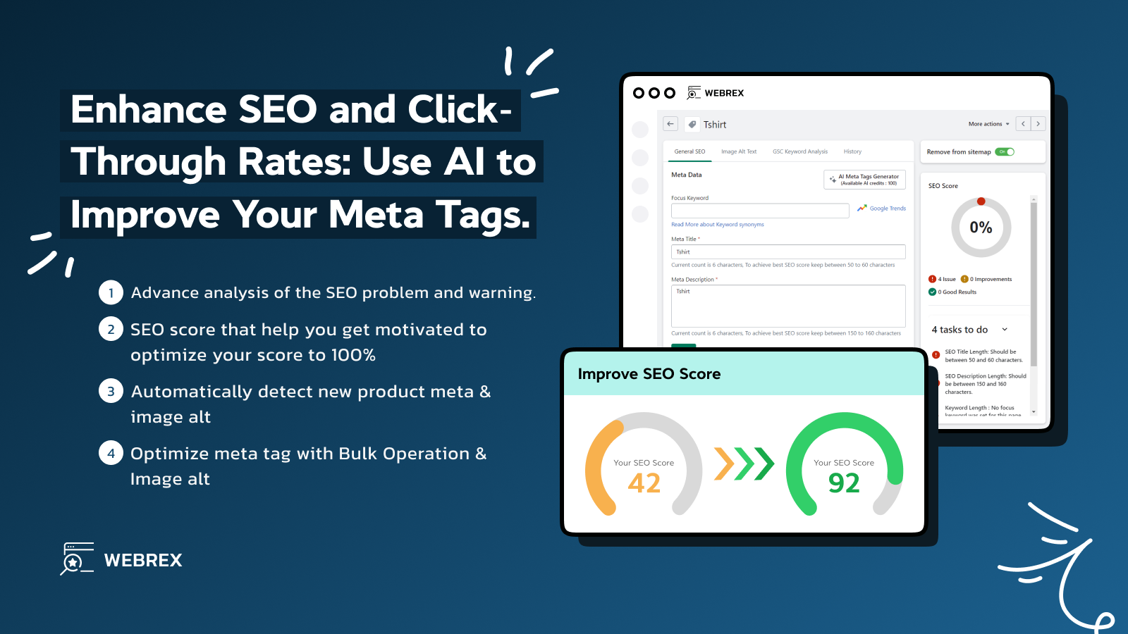 Optimize SEO ranking: By editing Meta tags  & ALT text.