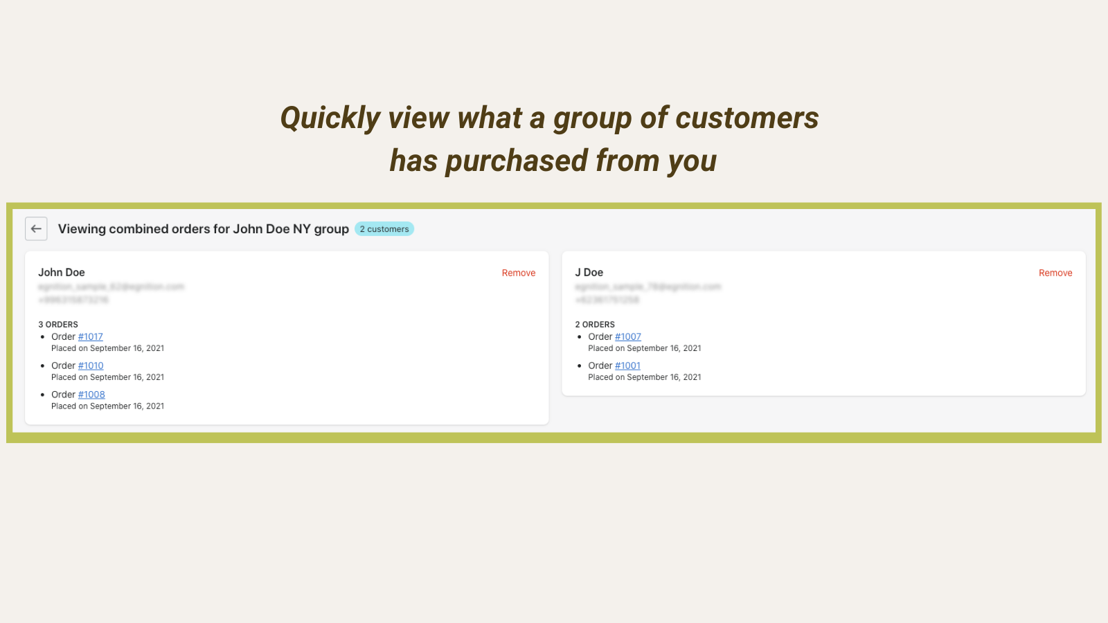 order history of group of customers